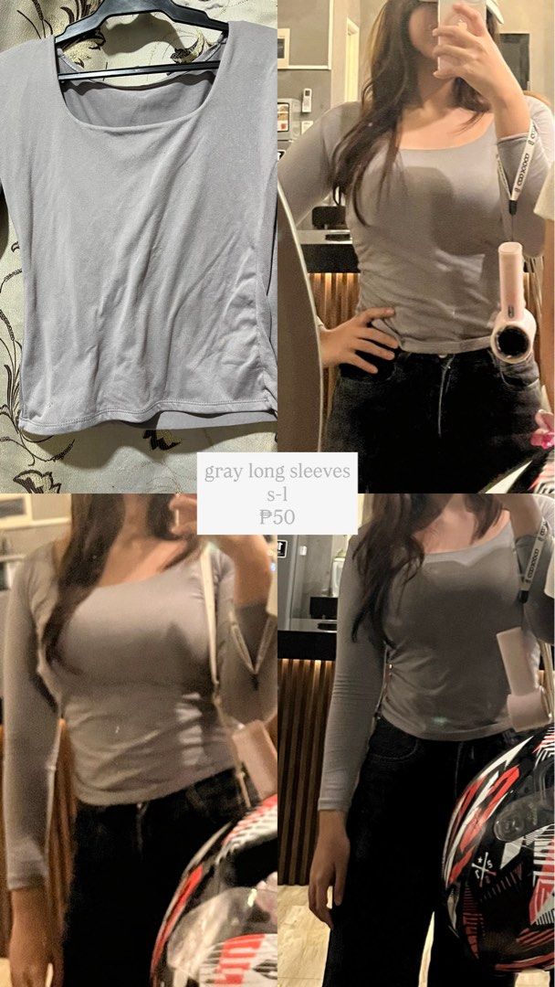 Gray Long Sleeve Top S-1 (Category: Longsleeves) located in Manila. Submitted by jamalynnah (Listing ID 1461133353, Image 1). Description: - Gray long sleeve top - Simple and versatile design - Perfect for layering or wearing on its own - Fits size S-M - Selling for P50.