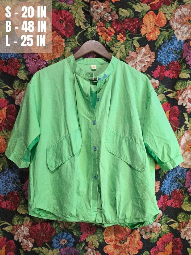 Green Button-Up Shirt with Mesh Panel (Category: Shirts) located in Paranaque City. Submitted by titaartestudio (Listing ID 1461269992, Image 1). Description: - Light green button-up shirt - Mandarin collar - Two chest pockets - Green mesh panel across the back - Green mesh panel on the sleeves - Water-resistant.