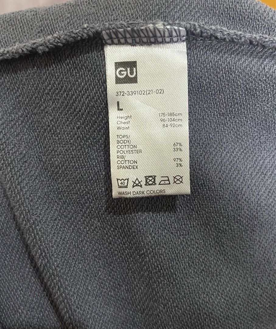 GU Gray Crewneck Sweatshirt (Category: Coats, Jackets and Outerwear) located in Manila. Submitted by themythfs (Listing ID 1461178916, Image 2). Description: Large on tag Length - 29” Width - 21” Sleeve length - 25” Issue: Minor stains.