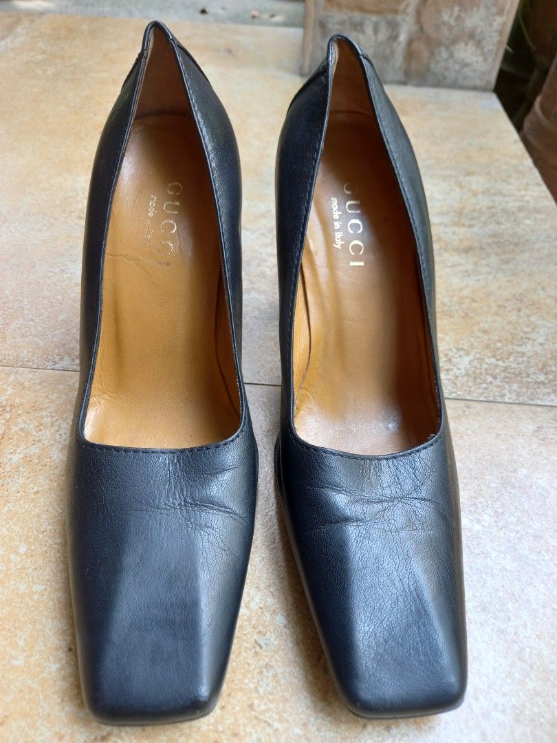 Gucci Black Leather Square Toe Block Heels (Category: Heels) located in Davao. Submitted by kirk214red-50020 (Listing ID 1461143658, Image 1). Description: - Genuine black leather Gucci heels - Elegant square toe design - Comfortable wooden block heel - Made in Italy - Size: 36.5 C - Heels in good overall condition - A timeless Gucci classic -size 6.5/ 36.5 c.