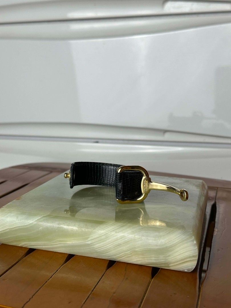 Gucci horsebit leather strap (Category: Women's Watches) located in Santa Rosa. Submitted by rare_findsphbyleo (Listing ID 1461171417, Image 3). Description: vintage Gucci horsebit black leather and goldtone hardware bracelet in good condition.