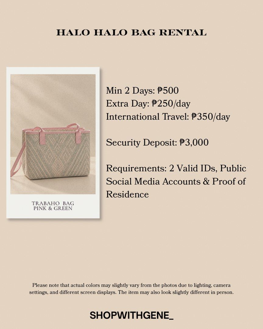 Halohalo bag for rent (Category: Shoulder Bags) located in Manila. Submitted by shopwithgene_ (Listing ID 1461147514, Image 1). Description: Please read the guidelines. 🫶🏻.