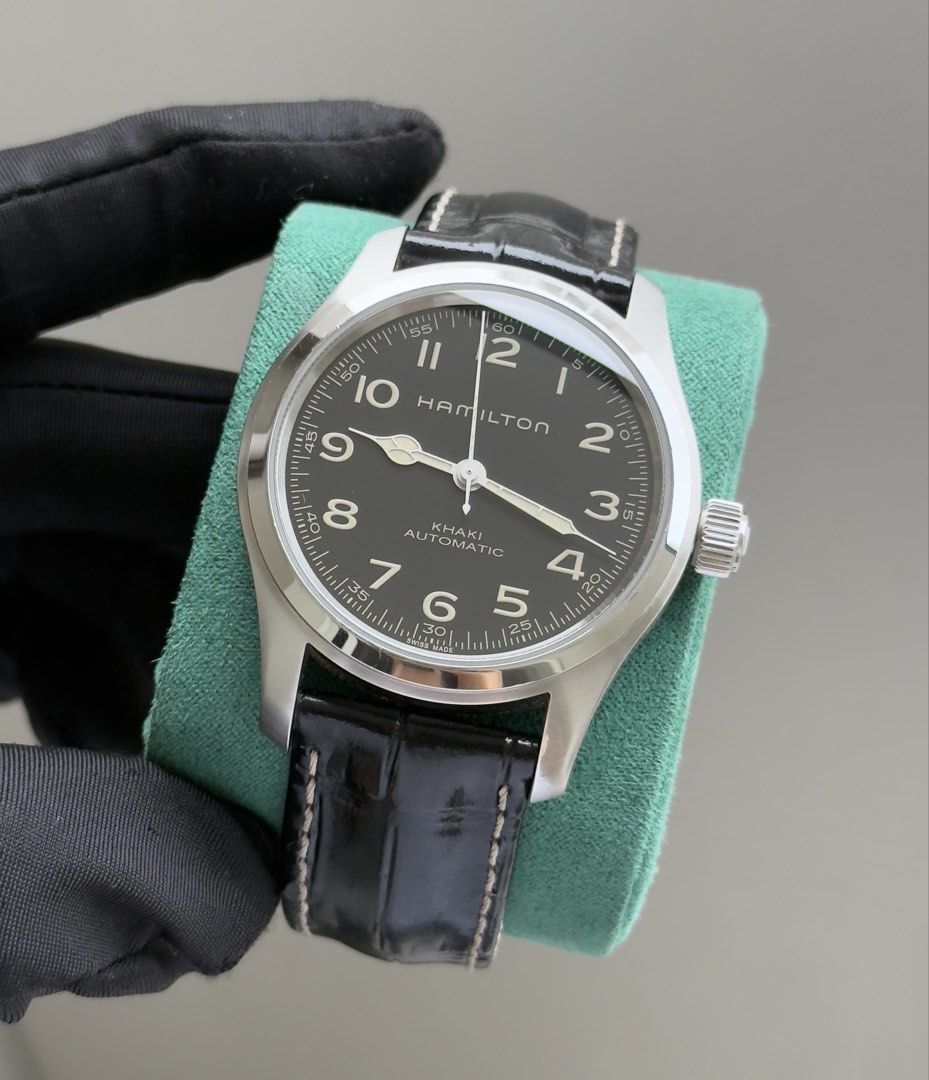 Hamilton Khaki Field Murph 42mm (Category: Men's Watches) located in Pasig City. Submitted by kjeldran00 (Listing ID 1461115629, Image 3). Description: Hamilton Khaki Field Murph 42mm Condition: 9.5/10 Inclusions: Outer Box, Watch Box, Hangtag, Manual, and Warranty Card Specifications: Automatic Movement Caliber: H-10 Case Diameter: 42mm Case Thickness: 11mm Case material: Stainless steel Sapphire Crystal Cow leather strap Exhibition Case back Wa