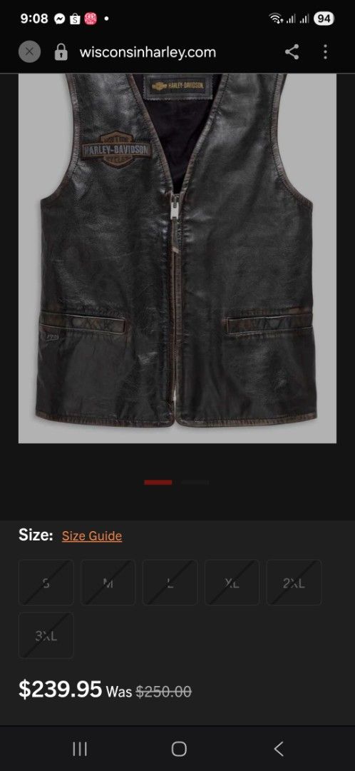 Harley Davidson leathers (Category: Vests) located in Baguio. Submitted by thriftrot (Listing ID 1461156876, Image 2). Description: in very good condition cowhide leather medium no issue dimes on photo loc. baguio add shipping fee .