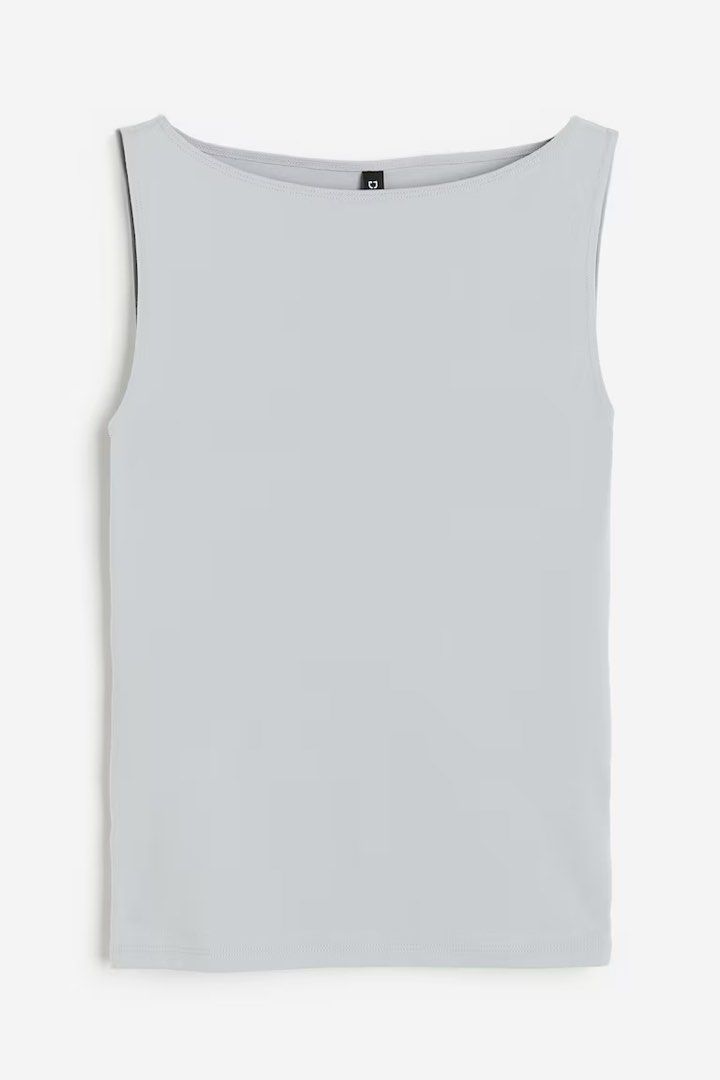 H&M boatneck top (Category: Sleeveless) located in Rizal. Submitted by _prelovedbycdc (Listing ID 1461245885, Image 2). Description: Used twice only In perfect condition Color: bluish gray.