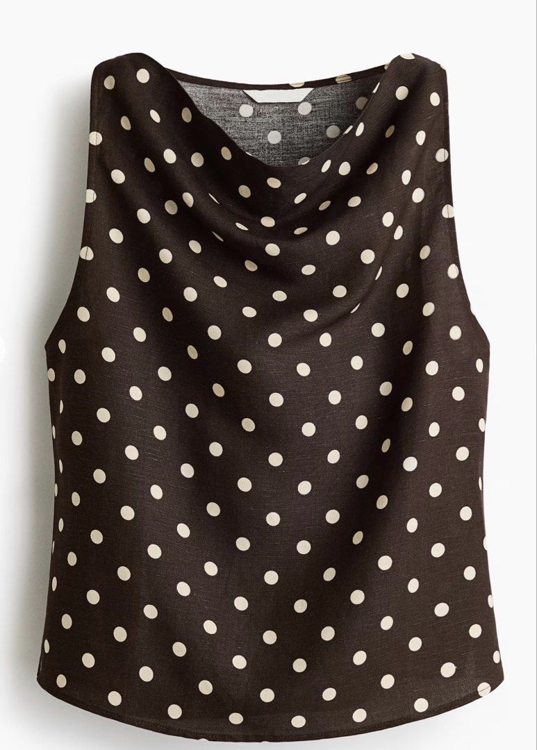H&M Cowl Neck Linen blend top (Category: Blouses) located in Santa Rosa. Submitted by je_anj (Listing ID 1461124333, Image 2). Description: Brown Polka Dot Cowl Neck Sleeveless Top Details: Cowl/draped neckline Sleeveless design Lightweight, flowy fabric with a subtle woven texture Condition: Almost new (used once) Size: XS Width: 89 cm, Length: 52 cm.