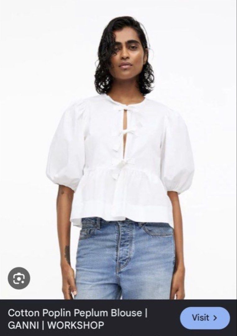 H&M Poplin Peplum Tie Front Blouse Top (Category: Blouses) located in Santa Rosa. Submitted by tokyomission (Listing ID 1461227713, Image 3). Description: - Ganni-inspired Poplin Peplum Puff Sleeve Tie Front Blouse - 10/10 in excellent condition ⭐️ - perfect for summer or brunch dates size: XS.