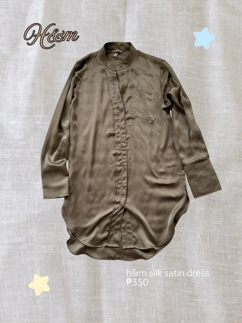 H&M Silk Satin Button Down Dress (Category: Dresses) located in Bacoor. Submitted by sweetsrirachaaa (Listing ID 1461128048, Image 1). Description: - Olive green H&M dress - Made of luxurious silk satin - Features a stylish mandarin collar - Button-down front for a classic look - Convenient single chest pocket - Elegant curved hemline.