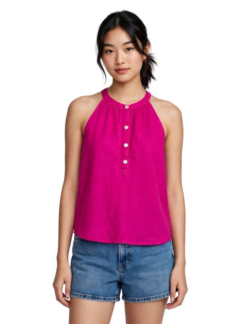 Hot Pink Halter Neck Button Up Top#74 (Category: Sleeveless) located in Caloocan City. Submitted by outfitloop (Listing ID 1461121445, Image 1). Description: - Button up detail at the front - Sleeveless design - Lightweight and comfortable fabric IMPORTANT: • 1st photo is an AI styling/model preview for reference on how the item may look when worn. • Please refer to the actual photos for the item’s true appearance and condition. • Color may sligh