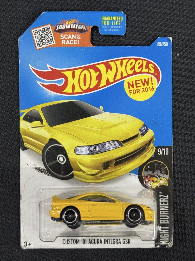 Hot Wheels Custom '01 Acura Integra GSR (Category: Vehicle & Diecast Models) located in Muntinlupa City. Submitted by eman_garcia_ (Listing ID 1461319070, Image 1). Description: - Hot Wheels '01 Acura Integra GSR - From the Night Burnerz series - Eye-catching yellow color - 2016 release, model 89/250 - Card features 'Guaranteed for Life' warranty - Ideal for collectors and kids' play.