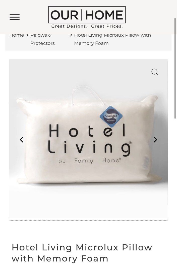 Hotel Living Microlux Pillow with Memory Foam (Category: Bedding & Towels) located in Manila. Submitted by decluterthings888 (Listing ID 1461135318, Image 1). Description: - Brand new Microlux pillow - Features memory foam for superior comfort - Sanitized with Actifresh for lasting freshness - Designed for a comfortable and restful sleep - Comes in original, unopened packaging.