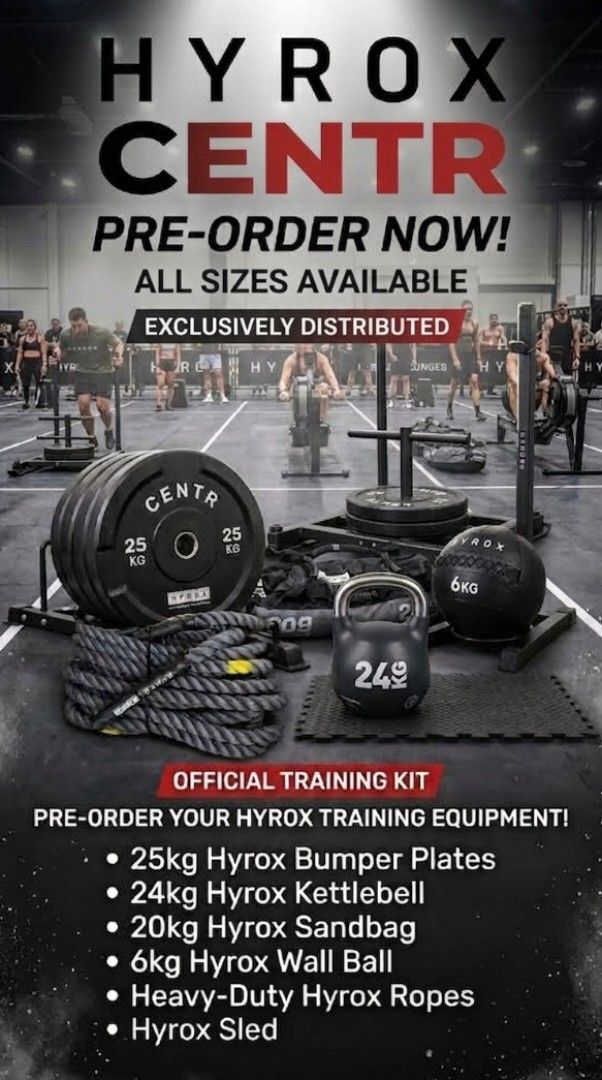 HYROX CENTR Official Training Kit - Pre-Order! (Category: Cardio & Fitness Machines) located in Caloocan City. Submitted by dorraineco65558 (Listing ID 1461138412, Image 1). Description: Pre-order your official HYROX training kit! Includes: bumper plates, kettlebell, sandbag, wall ball, heavy-duty ropes, and HYROX sled. - All sizes available. - Exclusively distributed..