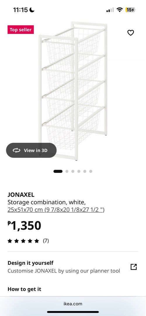 IKEA JONAXEL Storage Combination White 25x51x70 cm (Category: Shelves, Cabinets & Racks) located in Las Pinas. Submitted by alexitasanti (Listing ID 1461283798, Image 2). Description: NO TO LOWBALLERS only slightly negotionable - Original IKEA Raskog like new, barely used (just inside wardrobe) - bought last Feb 2025 - White storage unit with 5 wire baskets - Ideal for organizing clothes, toys, and more - Space-saving design, fits perfectly in co