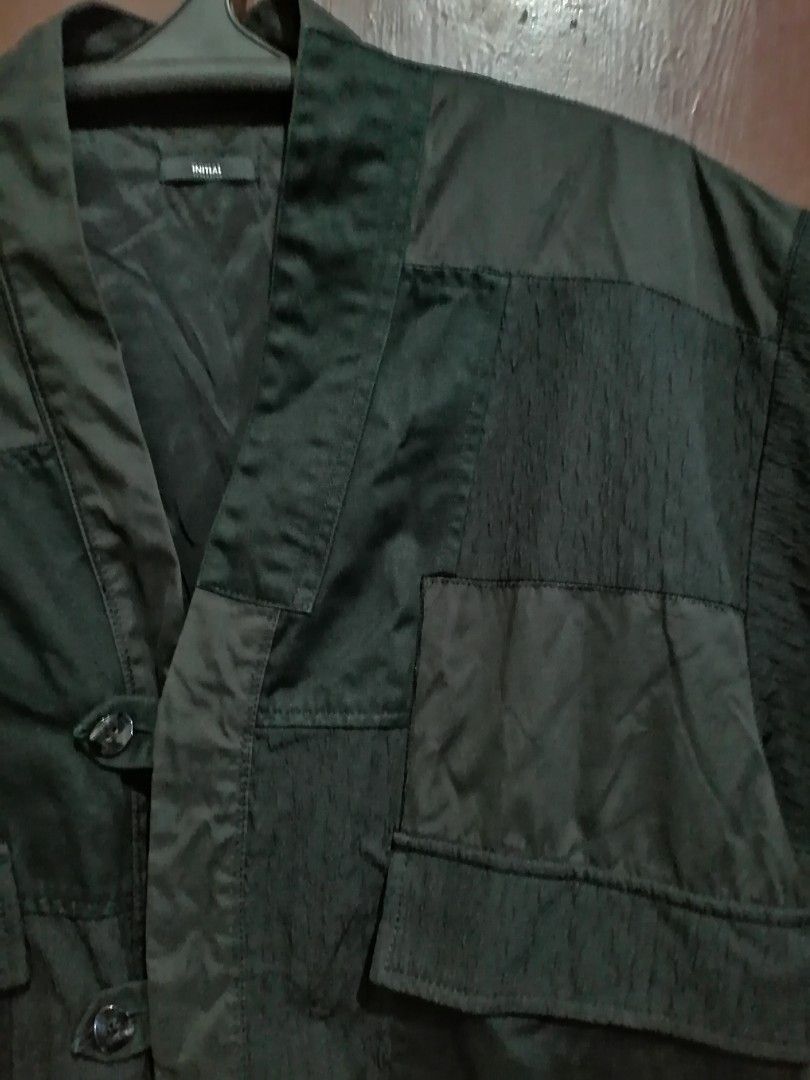 INITIAL Patchwork Kimono Jacket (Category: Coats, Jackets and Outerwear) located in Manila. Submitted by alden_apparel (Listing ID 1461141347, Image 3). Description: - INITIAL patchwork kimono jacket - Unique textured and smooth fabric panels - Two button closure - Two front pockets - Wide sleeves - Cropped length - Versatile for casual or dressy outfits - wrinkled on photo but in good condition - Unisex - Roomy and boxy comfort fit. .
