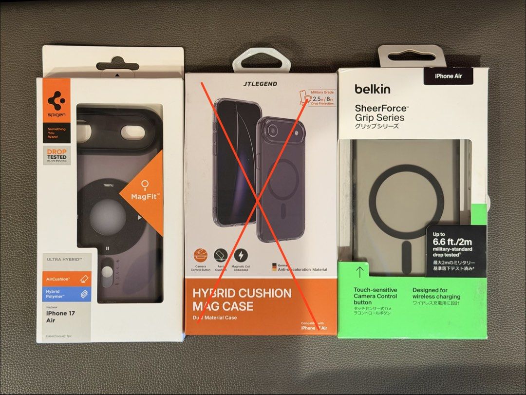 iPhone Air Branded Cases (Category: Cases & Sleeves) located in Taguig. Submitted by appweard (Listing ID 1454783378, Image 1). Description: iPhone Air Branded Cases 1. Spigen Ultra Hybrid - Php 1,700.00 only 2. Belkin SheerForce Grip - Php 1,300.00 only 3. JTLegend Hybrid Cushion - Php 900.00 only - SOLD All magsafe compatible Used only once or twice No issues Looks brand new still RFS: Sold my iPhone Air Already Pick up Taguig. TIA .