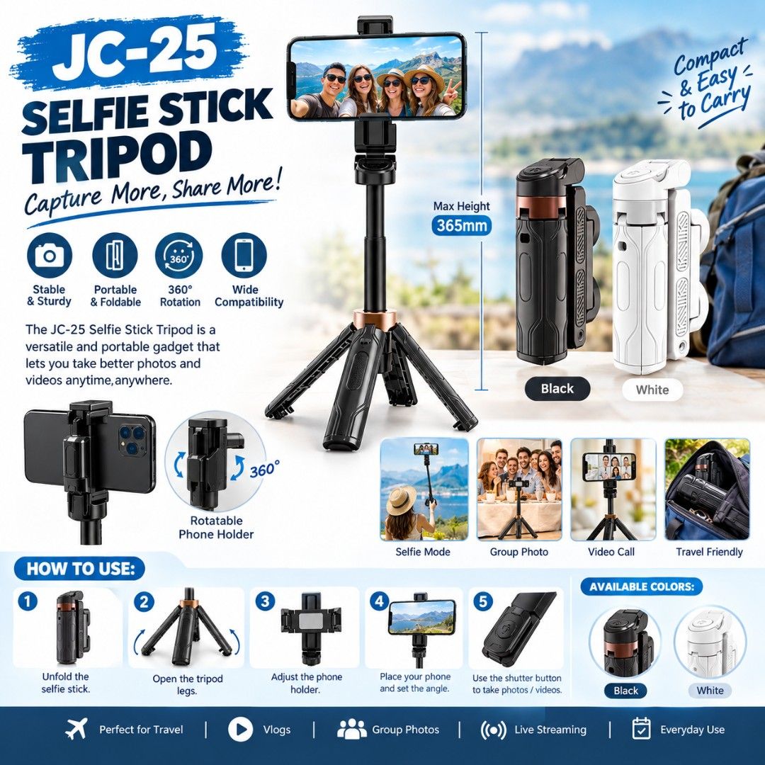 JC-25 Bluetooth Mini Handheld Selfie Stick Tripod (Category: Tripods & Monopods) located in Manila. Submitted by myonlineshoph (Listing ID 1461140834, Image 1). Description: - Versatile 3-in-1 design: selfie stick, tripod, and grip. - Ultra-compact and lightweight (approx. 116g), fits in your palm. - 360° phone holder rotation for any angle. - 225° phone holder tilt for flexible shooting. - Perfect for capturing moments on the go..