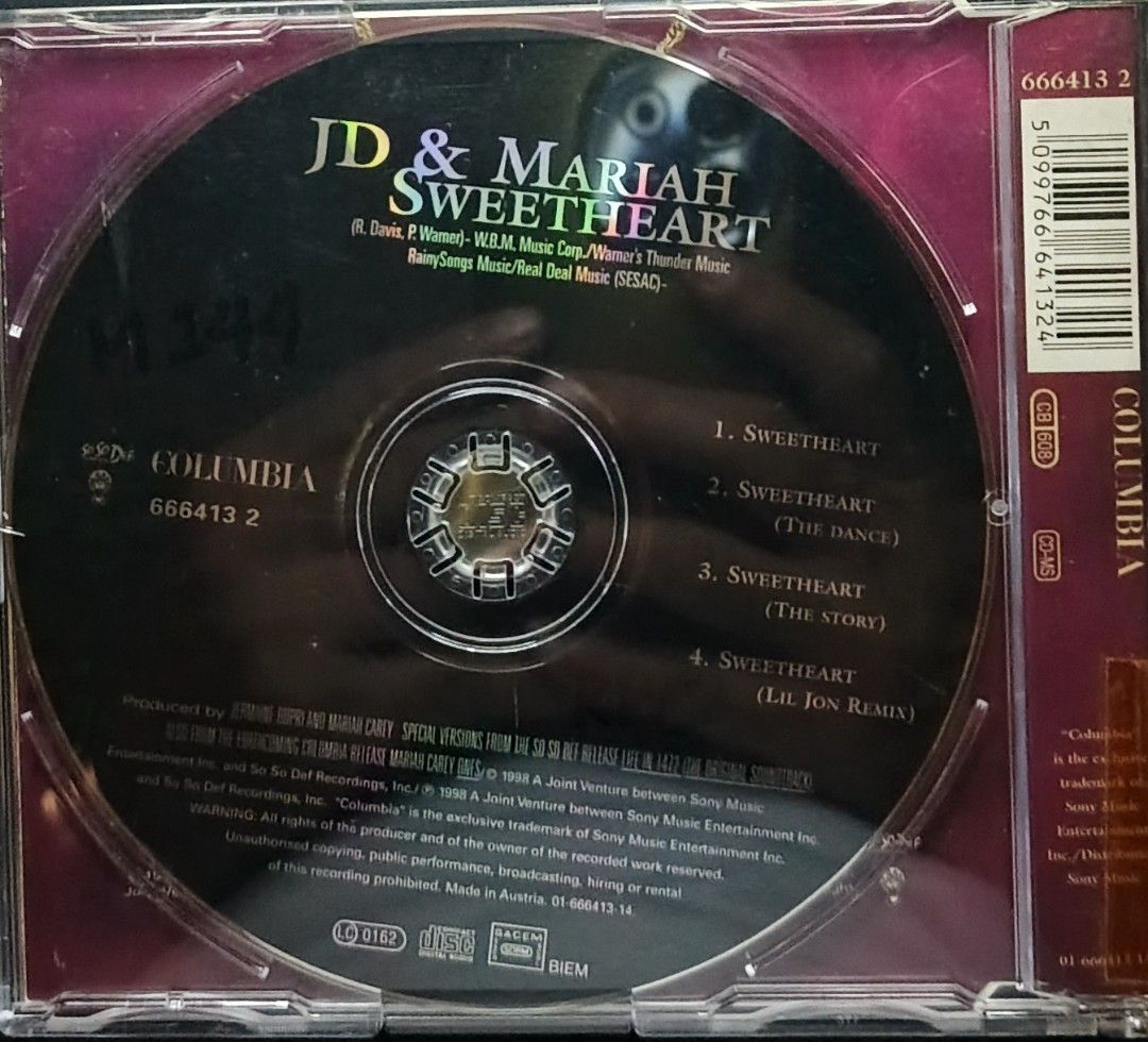 JD & Mariah Carey Sweetheart CD Single (Category: CDs & DVDs) located in Manila. Submitted by ruelcabrer77078 (Listing ID 1461149831, Image 2). Description: - Mariah Carey & JD Sweetheart CD Single - Released in 1998 - Includes 4 tracks: Sweetheart, Sweetheart (The Dance), Sweetheart (The Story), and Sweetheart (Lil Jon Remix) - Label: Columbia Records - Made in Austria.