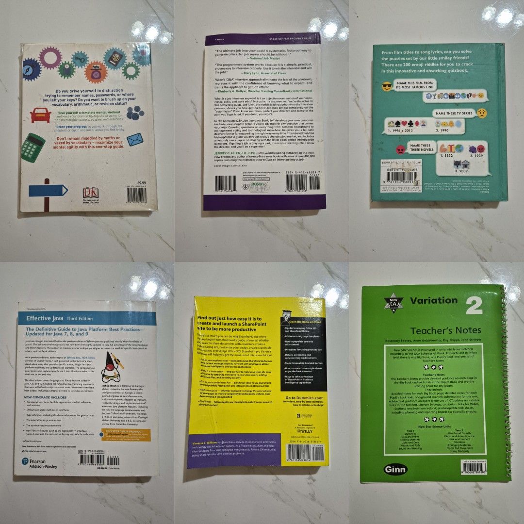 Job Interview, Java, Brain Teaser, Emoji, SharePoint, Teacher's Notes Books (Category: Textbooks) located in Cabanatuan. Submitted by paogel21 (Listing ID 1461272735, Image 2). Description: - Bundle of 6 books - Titles include: 'Boost Your Brain', 'The Complete Q&A Job Interview Book', 'The Great Emoji Quizbook', 'Effective Java', 'Microsoft SharePoint 2010 For Dummies', and 'Variation 2 Teacher's Notes' - Perfect for learning and entertainment 1