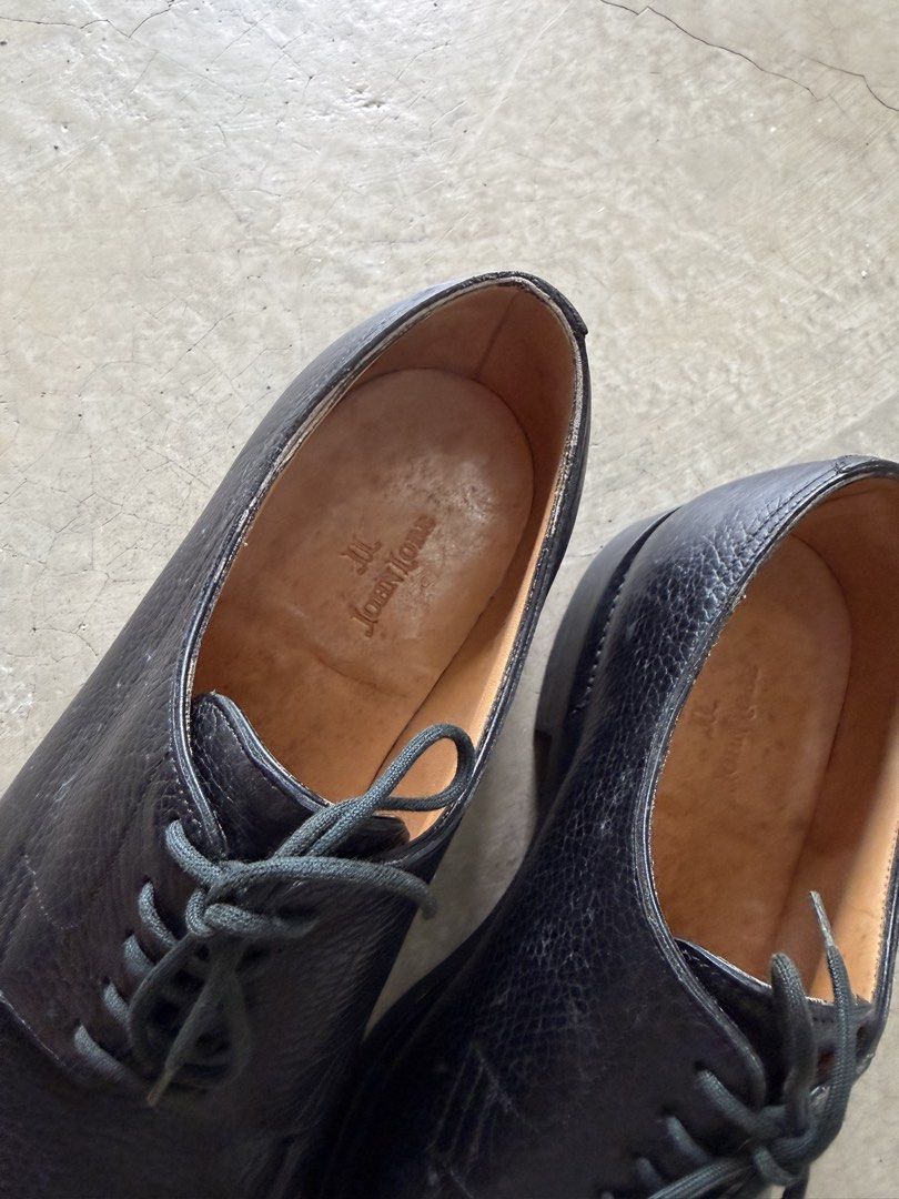 John Lobb Black Leather Cap Toe derby Shoes (Category: Dress Shoes) located in Alfonso. Submitted by jbcamet (Listing ID 1461284689, Image 3). Description: - Brand: John Lobb - Color: Black - Material: Genuine Leather - Style: derby Shoes - Features: Textured leather upper, smooth cap toe, lace-up closure - Interior/Sole: Leather - Origin: Made in England - Factory-original Dainite rubber studded outsoles” (Provides superior durability, grip, and