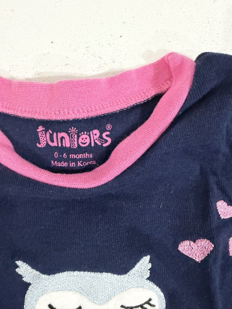 Juniors Owl Pajama Set 0-6 Months (Category: Babies & Kids Fashion) located in Pasig City. Submitted by tinylittlestore (Listing ID 1461260192, Image 3). Description: - Cute navy blue long-sleeve pajama top - Adorable sleepy owl graphic - Pink scalloped neckline and cuffs - Matching leggings with pink, blue, and white heart and diamond pattern - Made in Korea - Perfect for cozy bedtime.