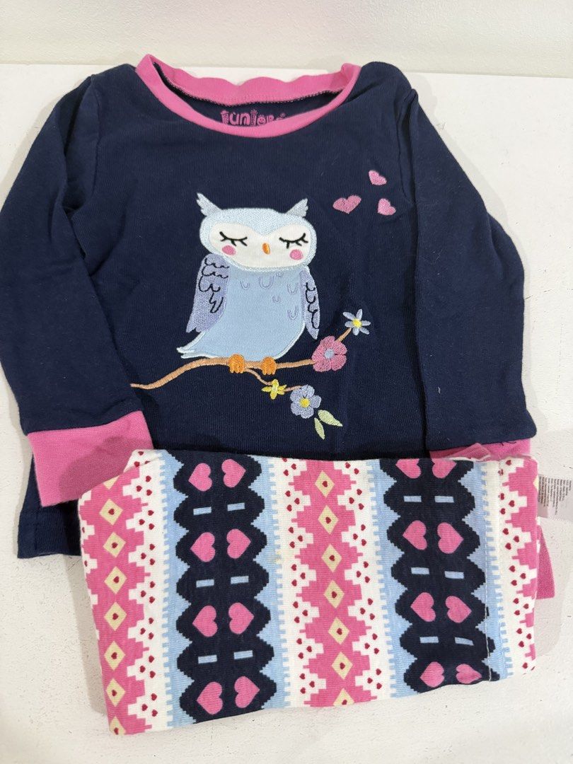 Juniors Owl Pajama Set 0-6 Months (Category: Babies & Kids Fashion) located in Pasig City. Submitted by tinylittlestore (Listing ID 1461260192, Image 2). Description: - Cute navy blue long-sleeve pajama top - Adorable sleepy owl graphic - Pink scalloped neckline and cuffs - Matching leggings with pink, blue, and white heart and diamond pattern - Made in Korea - Perfect for cozy bedtime.