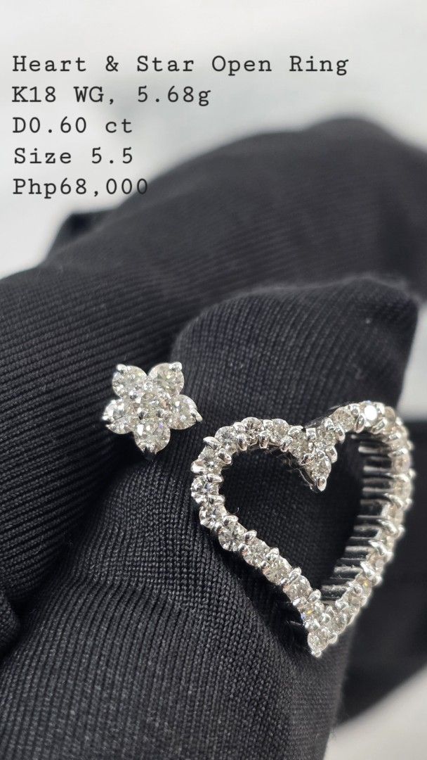 K18 WG Heart & Star Ring (Category: Rings) located in San Fernando. Submitted by bagproject (Listing ID 1461219556, Image 1). Description: RING Heart & Star Open Ring K18 WG, 5.68g D0.60 ct Size 5.5 Php68,000.