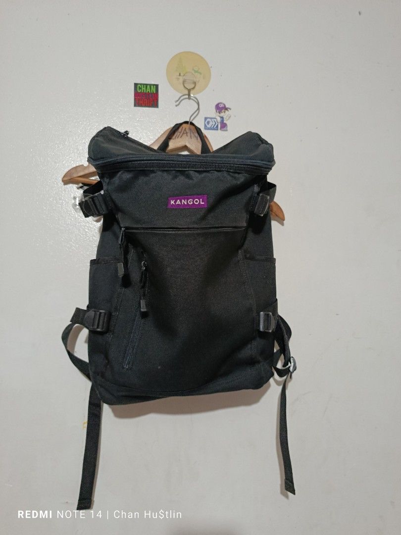 Kangol Black Zipper on Top Backpack (Category: Backpacks) located in Calamba. Submitted by chanmagpantay (Listing ID 1461239249, Image 2). Description: - Black Kangol backpack - Roll-top design with buckle closures - Front zip pocket - Side pockets - Padded back and straps for comfort - Ideal for daily use or travel.