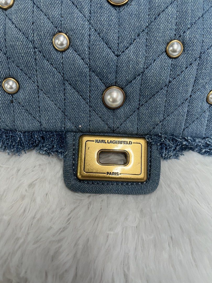 KARL LAGERFELD (Category: Shoulder Bags) located in Cotabato. Submitted by big_cash (Listing ID 1461117723, Image 3). Description: NWT Karl Lagerfeld Agyness Blue Denim Shoulder Bag Faux Pearl Studs Chain Straps.