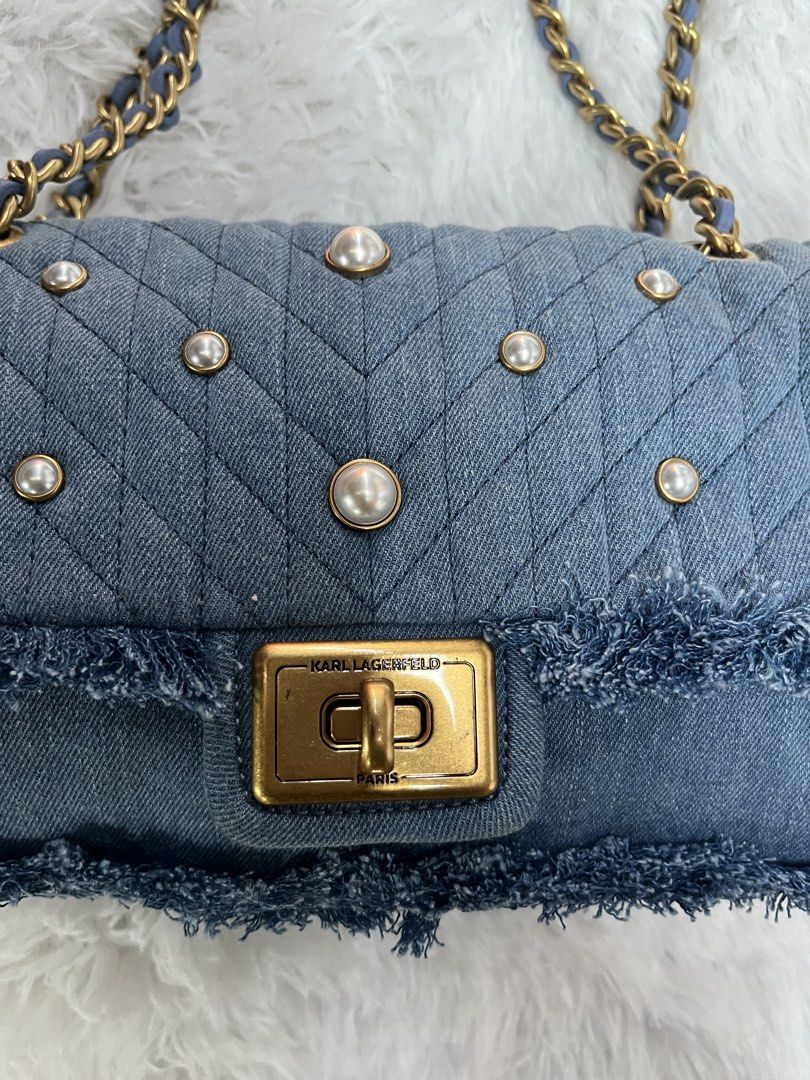 KARL LAGERFELD (Category: Shoulder Bags) located in Cotabato. Submitted by big_cash (Listing ID 1461117723, Image 2). Description: NWT Karl Lagerfeld Agyness Blue Denim Shoulder Bag Faux Pearl Studs Chain Straps.