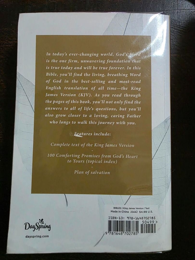 KJV HOLY BIBLE by DaySpring (Category: Religion Books) located in Quezon City. Submitted by marklamsen (Listing ID 1461208510, Image 3). Description: For Sale - KJV HOLY BIBLE by Dayspring Featuring 100 Comforting Promises from God's Heart to Yours Published by DaySpring Copyright 2021 and printed in China In regular-sized white-and-brown paperback cover Well-used but pages are still in very good condition Ideal for use by ministerial/theological