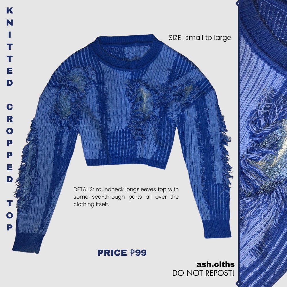 knitted cropped top (Category: Longsleeves) located in Taguig. Submitted by lorelei_333 (Listing ID 1461241012, Image 1). Description: location: taguig city payment: gcash or maribank • no flaws at all • rfs: decluttering clothes to have more space in my closet! ✧.
