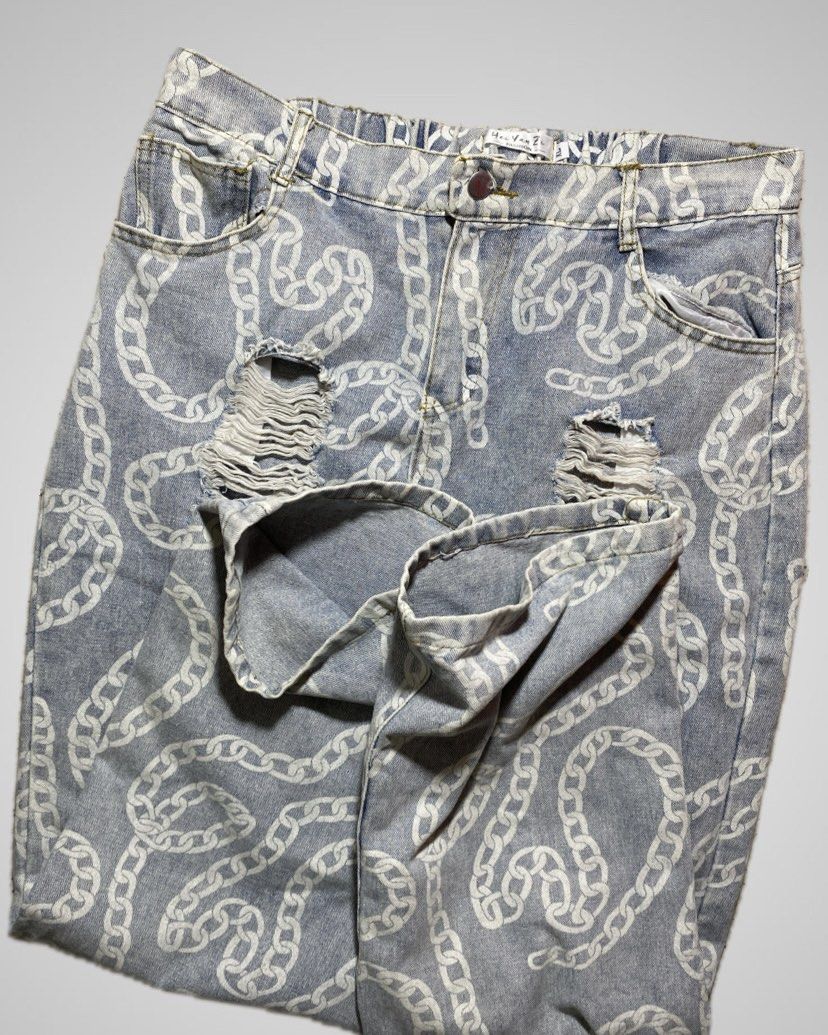 Distressed Baggy Pants (Category: Jeans) located in Nasipit. Submitted by yopey (Listing ID 1461297175, Image 3). Description: Light Wash Chain Print Distressed Baggy Pants Size: 34 Rise: 13 Thigh: 13 Leg Openning: 10.5 Price: 250.