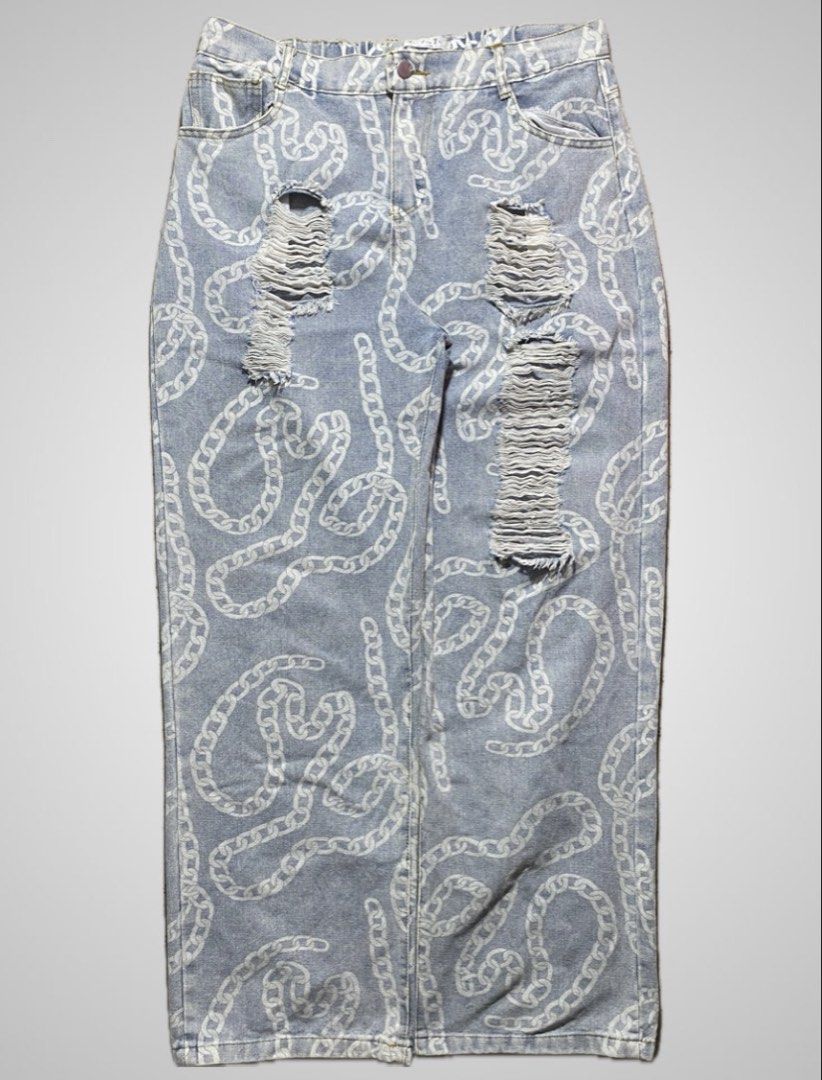 Distressed Baggy Pants (Category: Jeans) located in Nasipit. Submitted by yopey (Listing ID 1461297175, Image 1). Description: Light Wash Chain Print Distressed Baggy Pants Size: 34 Rise: 13 Thigh: 13 Leg Openning: 10.5 Price: 250.