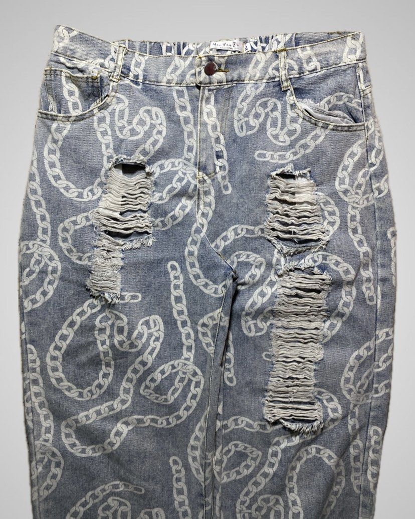 Distressed Baggy Pants (Category: Jeans) located in Nasipit. Submitted by yopey (Listing ID 1461297175, Image 2). Description: Light Wash Chain Print Distressed Baggy Pants Size: 34 Rise: 13 Thigh: 13 Leg Openning: 10.5 Price: 250.