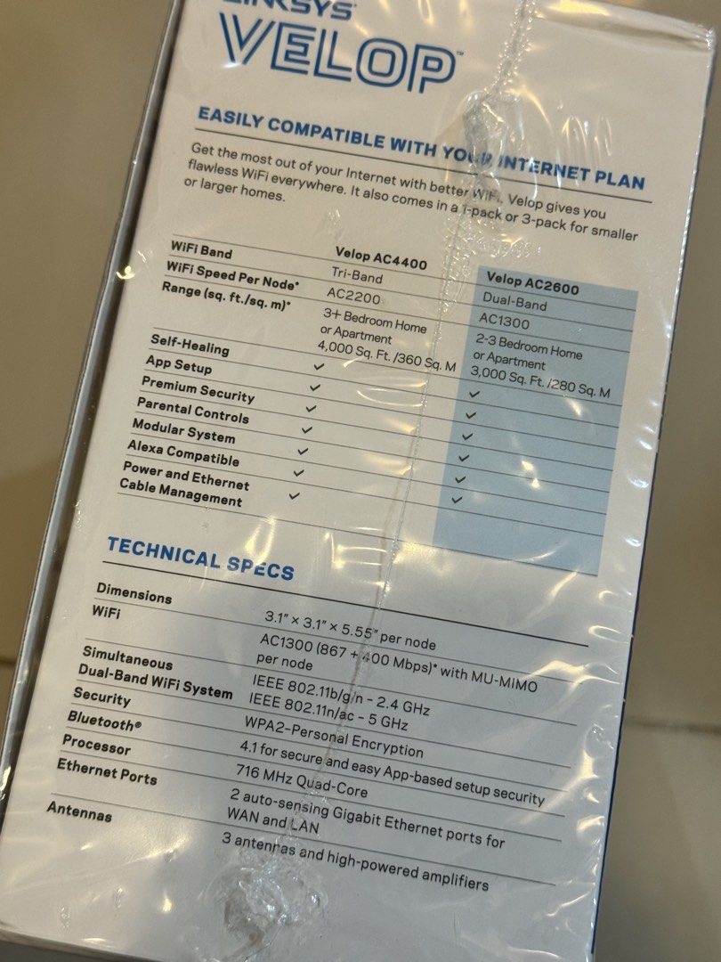 Linksys Velop AC2600 Whole Home WiFi System (Category: Office & Business Technology) located in Taguig. Submitted by geewoni (Listing ID 1461186354, Image 2). Description: SEALED BNEW - Linksys Velop AC2600 WiFi System - Includes 2 nodes - Covers up to 3000 sq ft - Ideal for 2-3 bedroom homes - Dual-band WiFi - Easy setup via mobile app.