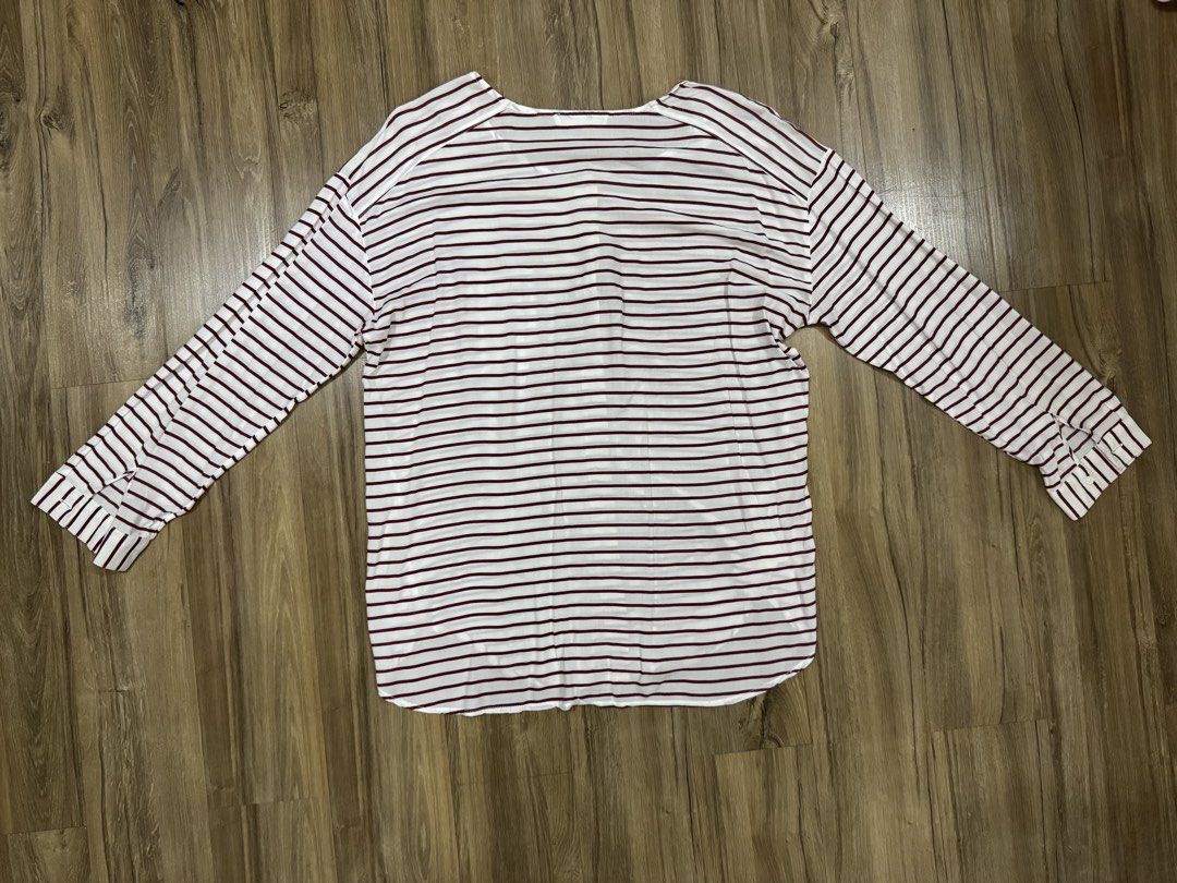 MANGO Casual Striped Collarless Button down Longsleeve (Category: Longsleeves) located in Manila. Submitted by pousey (Listing ID 1461276968, Image 3). Description: - Mango Striped Long Sleeve Button up - Maroon striped on white clothing - Features collarless round neck design - Loose Style - Button closure, with white buttons - Features Side Chest Pocket - Versatile addition to your wardrobe.