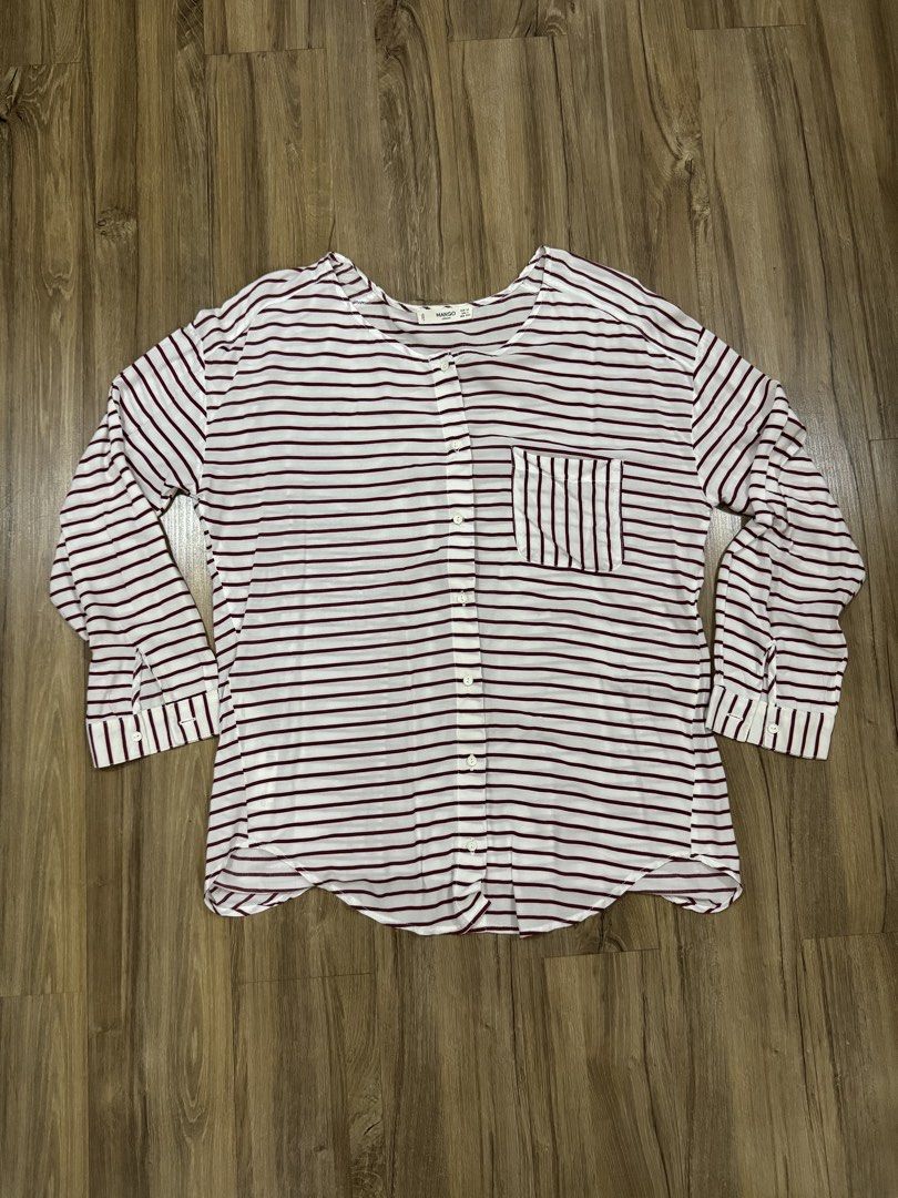 MANGO Casual Striped Collarless Button down Longsleeve (Category: Longsleeves) located in Manila. Submitted by pousey (Listing ID 1461276968, Image 1). Description: - Mango Striped Long Sleeve Button up - Maroon striped on white clothing - Features collarless round neck design - Loose Style - Button closure, with white buttons - Features Side Chest Pocket - Versatile addition to your wardrobe.