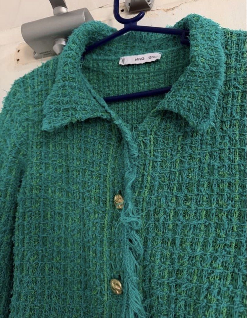 Mango Tweed Jacket Teal Green (Category: Coats, Jackets and Outerwear) located in Cebu City. Submitted by cutexoxoshop (Listing ID 1461312462, Image 2). Description: - Cool teal green tweed jacket from Mango - Textured weave with frayed edges - Gold button closure - Two front pockets with frayed details - Versatile for layering or wearing solo - Adds a pop of color to any outfit.