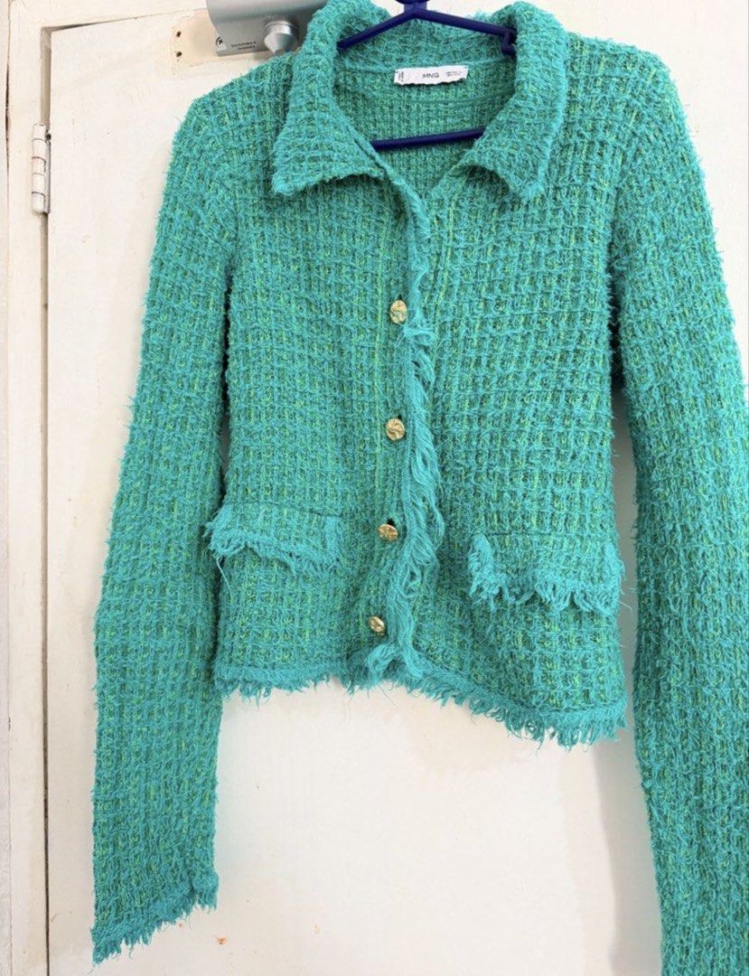 Mango Tweed Jacket Teal Green (Category: Coats, Jackets and Outerwear) located in Cebu City. Submitted by cutexoxoshop (Listing ID 1461312462, Image 1). Description: - Cool teal green tweed jacket from Mango - Textured weave with frayed edges - Gold button closure - Two front pockets with frayed details - Versatile for layering or wearing solo - Adds a pop of color to any outfit.