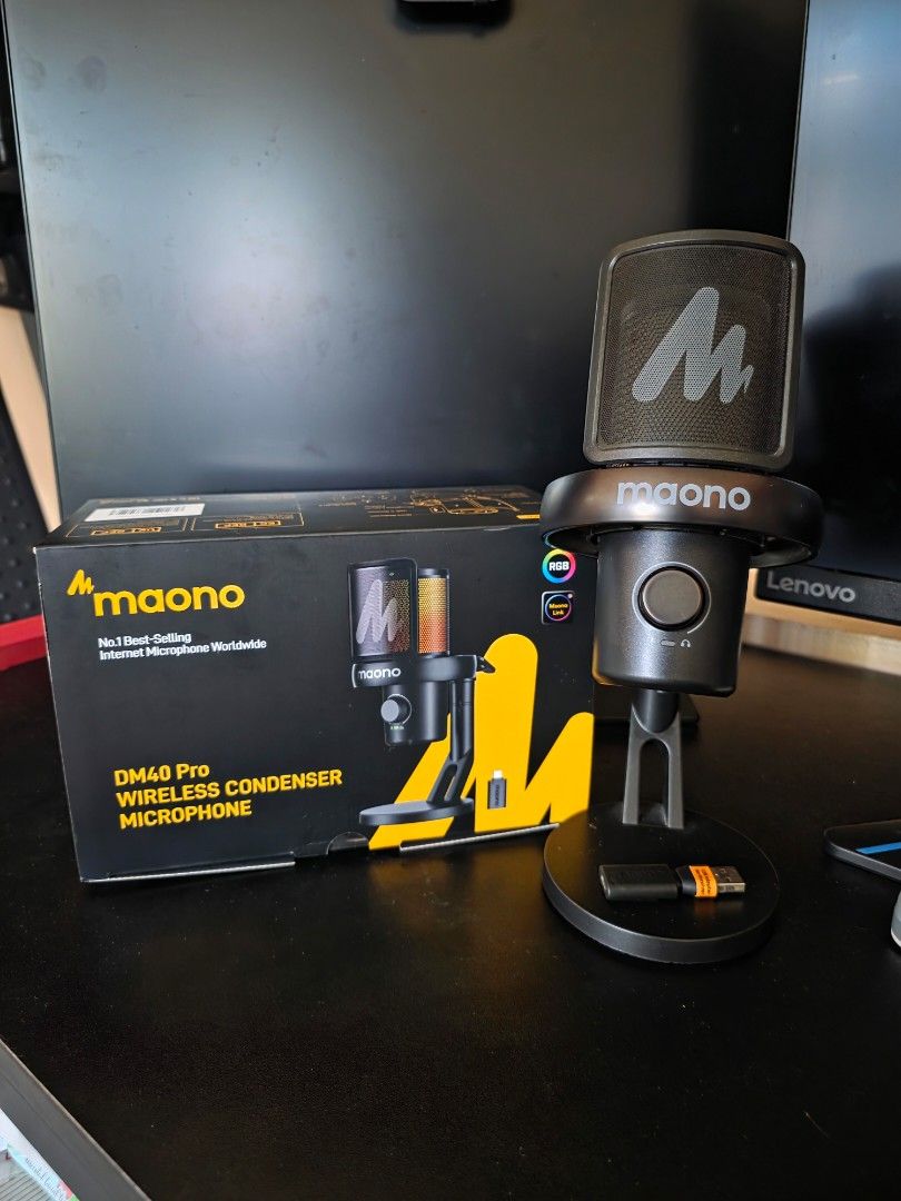 Maono DM40 Pro Wireless Condenser Microphone (Category: Microphones) located in Paranaque City. Submitted by ocakezsells (Listing ID 1461322931, Image 1). Description: - Maono DM40 Pro wireless condenser microphone - Ideal for streaming and internet calls - Includes microphone, stand, and USB receiver - Features vibrant RGB lighting - Original box included.