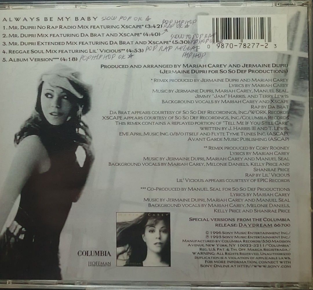 Mariah Carey Always Be My Baby CD Single (Category: CDs & DVDs) located in Manila. Submitted by ruelcabrer77078 (Listing ID 1461149113, Image 2). Description: - Mariah Carey 'Always Be My Baby' CD Single - Features 5 tracks: Mr. No Radio Mix, Dupri Mix, Extended Mix, Reggae Soul Mix, and Album Version - Produced by Mariah Carey and Jermaine Dupri - A must-have for any Mariah Carey fan's collection.