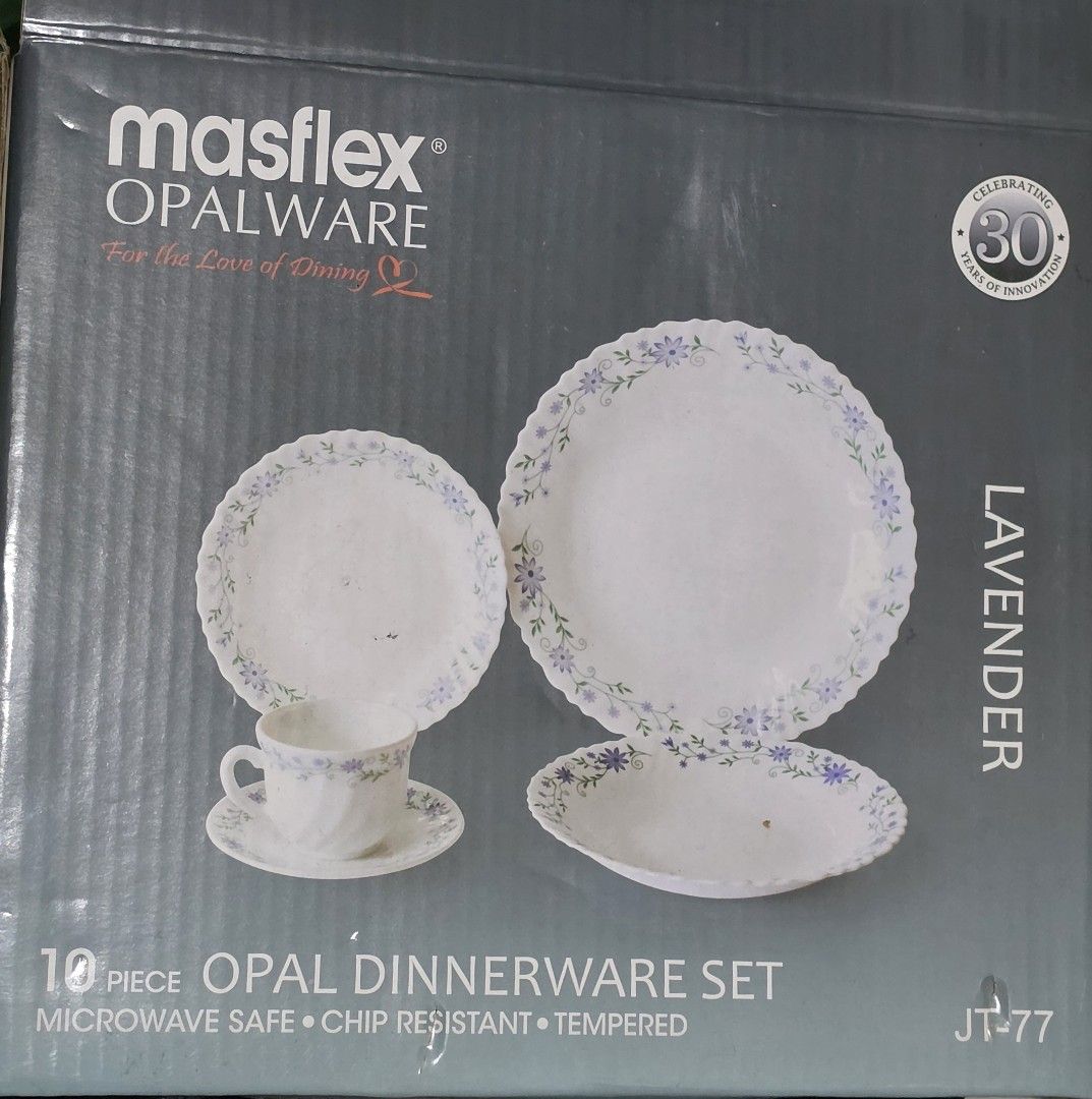 Masflex Opalware 10 Piece Dinnerware Set (Category: Dinnerware & Cutlery) located in Manila. Submitted by knasun15 (Listing ID 1461323750, Image 1). Description: - Masflex Opalware 10-piece Dinnerware Set - Design: Gold line; see 3nd photo - Features: Microware safe, chip resistant, tempered - Set Includes: Plates, cups, and saucers - complete set - 2 stocks (500 each).