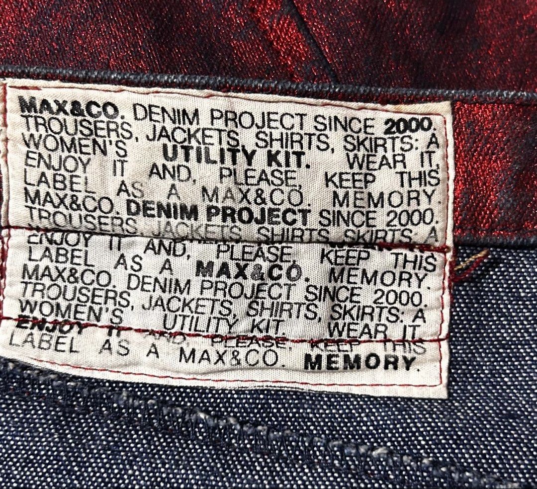 MAX&Co. (Category: Skirts) located in Davao. Submitted by sart0ria85 (Listing ID 1461266568, Image 3). Description: - MAX&Co. red metallic denim skirt in 98%COTTON / 2%ELASTANE - Part of their Denim Project - Midi length - Front seam detail - Unique textured fabric MADE IN ITALY 🇮🇹 LARGE/ SIZE 8/42 EXCELLENT CONDITION (93/100).
