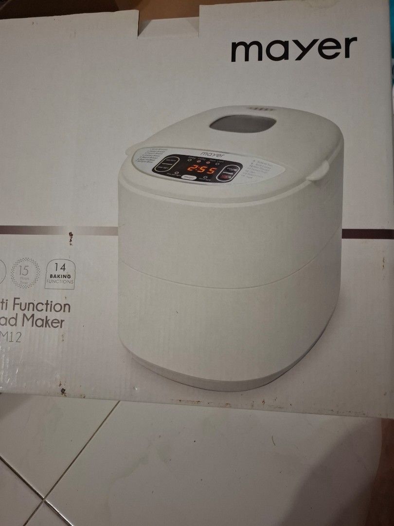 Mayer Multi Function Bread Maker BM12 (Category: Breadmakers) located in Singapore. Submitted by kunyo11 (Listing ID 1461143665, Image 3). Description: - Mayer BM12 Bread Maker - 15 Baking Functions - 750g Capacity - Settings for: Soft Bread, French Bread, Whole Wheat, Cake, Jam, Yogurt - Easy-to-use Control Panel with Digital Display - Perfect for fresh homemade bread.
