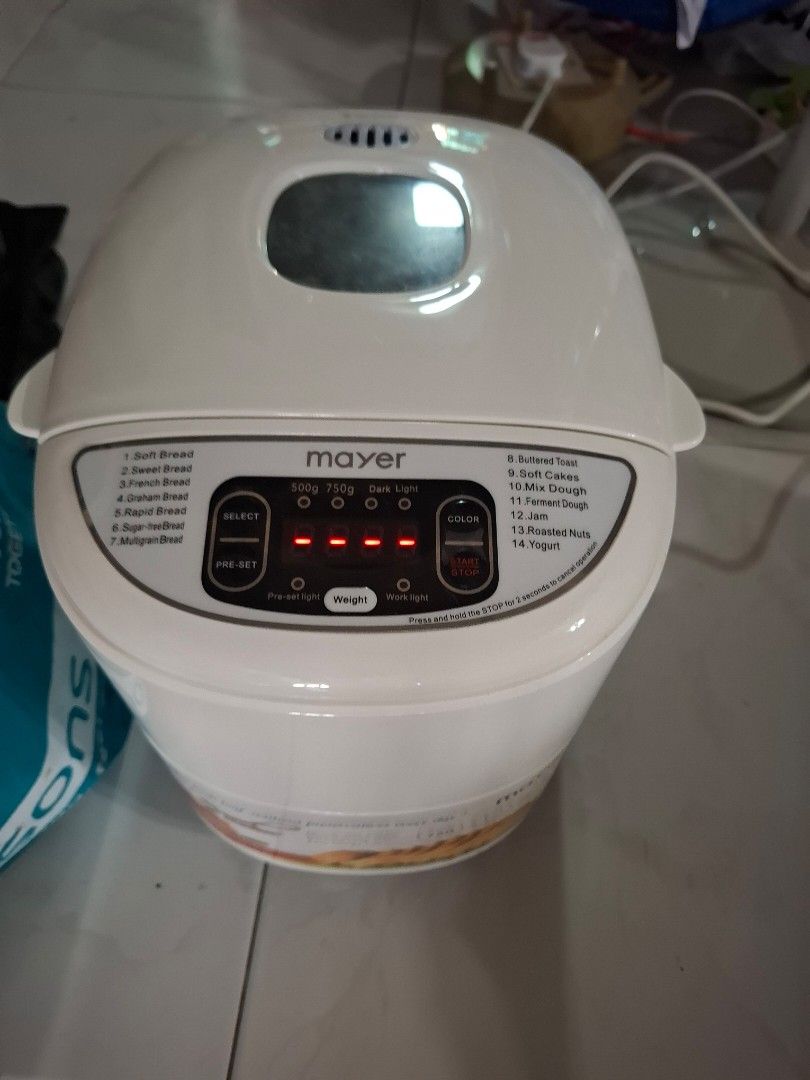 Mayer Multi Function Bread Maker BM12 (Category: Breadmakers) located in Singapore. Submitted by kunyo11 (Listing ID 1461143665, Image 2). Description: - Mayer BM12 Bread Maker - 15 Baking Functions - 750g Capacity - Settings for: Soft Bread, French Bread, Whole Wheat, Cake, Jam, Yogurt - Easy-to-use Control Panel with Digital Display - Perfect for fresh homemade bread.