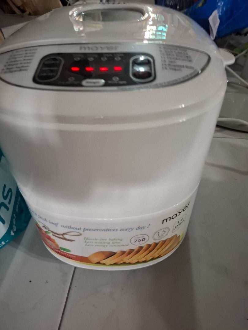 Mayer Multi Function Bread Maker BM12 (Category: Breadmakers) located in Singapore. Submitted by kunyo11 (Listing ID 1461143665, Image 1). Description: - Mayer BM12 Bread Maker - 15 Baking Functions - 750g Capacity - Settings for: Soft Bread, French Bread, Whole Wheat, Cake, Jam, Yogurt - Easy-to-use Control Panel with Digital Display - Perfect for fresh homemade bread.