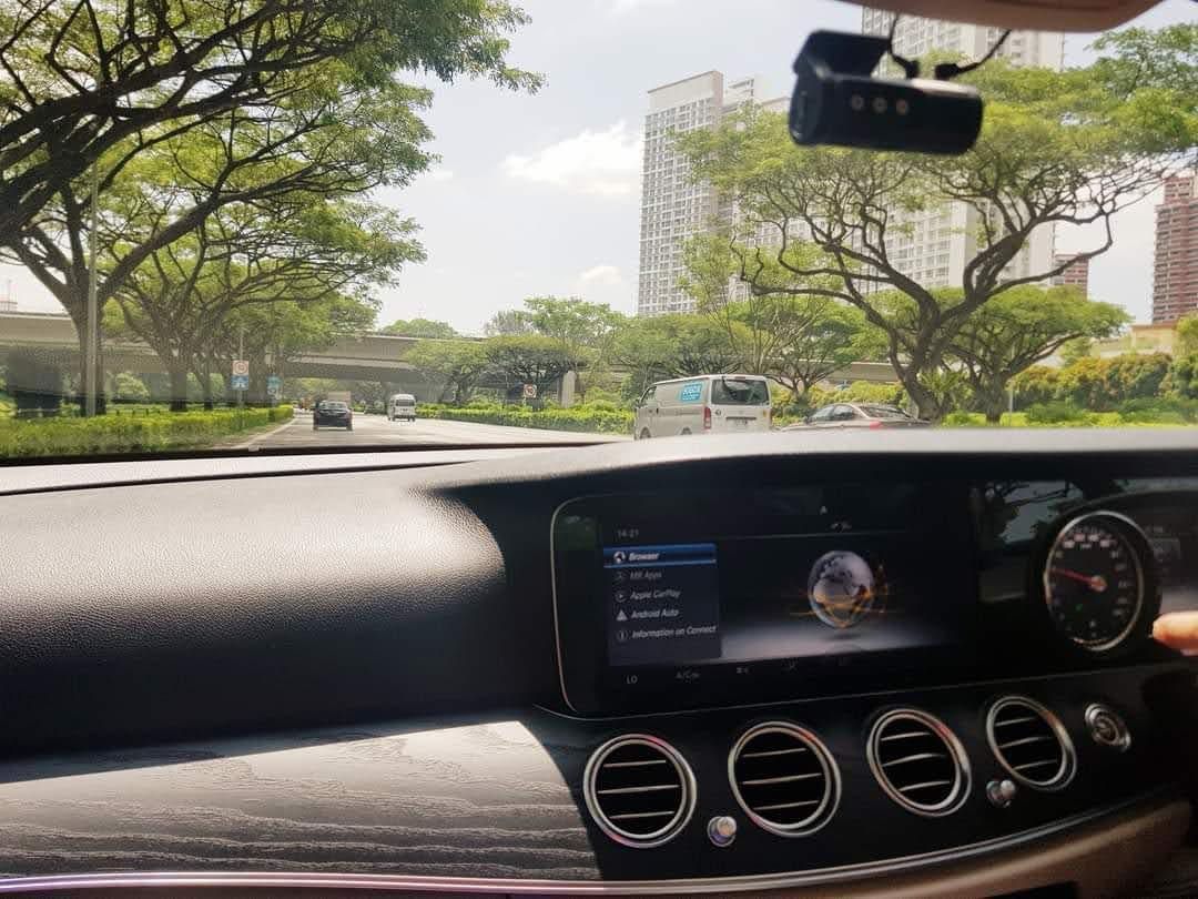 Mercedes-Benz E-Class Saloon Hybrid E350e Auto (Category: Used Cars) located in Singapore. Submitted by jacky.chew1967 (Listing ID 1461191245, Image 3). Description: Black Mercedes-Benz E-Class sedan. Cream leather interior. Now has been updated to black leather seats. Clean and well-maintained. Features a modern dashboard with infotainment system and a dashcam. Comfortable seating for passengers. Ready for its next owner..