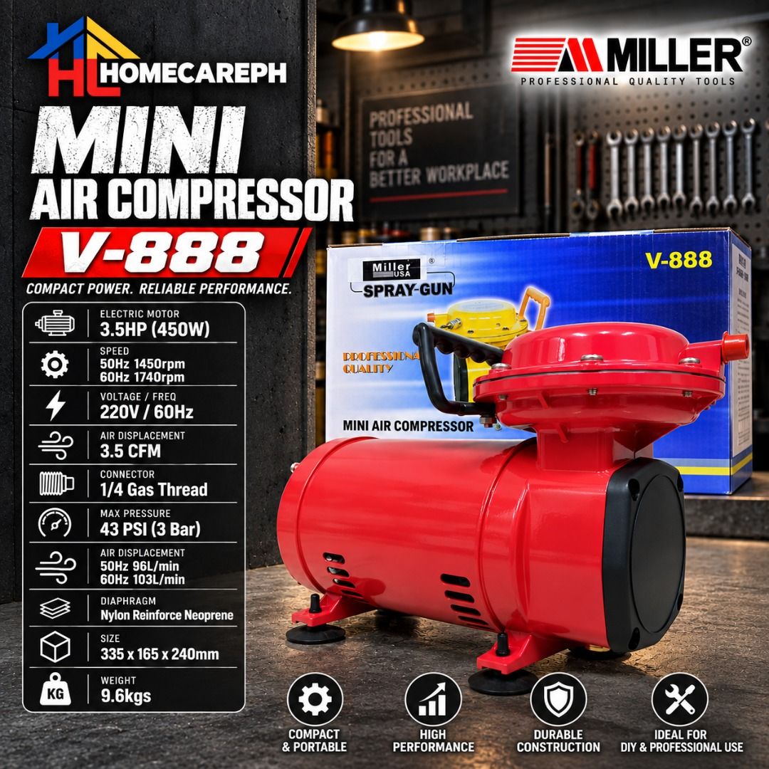 Miller Mini Air Compressor V-888 (Category: Industrial Equipment) located in Manila. Submitted by homecareph (Listing ID 1276553288, Image 1). Description: 09-12-2026 ✅For Sale!!! ✅Retail / Wholesale ✅MILLER MINI AIR COMPRESSOR ✅COMPACT SIZE. POWERFUL PERFORMANCE. ✅Model: V-888 • ELECTRIC MOTOR: 3.5HP (450W) • SPEED: 50Hz 1450rpm , 60Hz 1740rpm • VOLTAGE / FREQ: 220V / 60Hz • AIR DISPLACEMENT: 3.5 CFM • CONNECTOR: 1/4 Gas Thread • MAX PRESSURE: 4