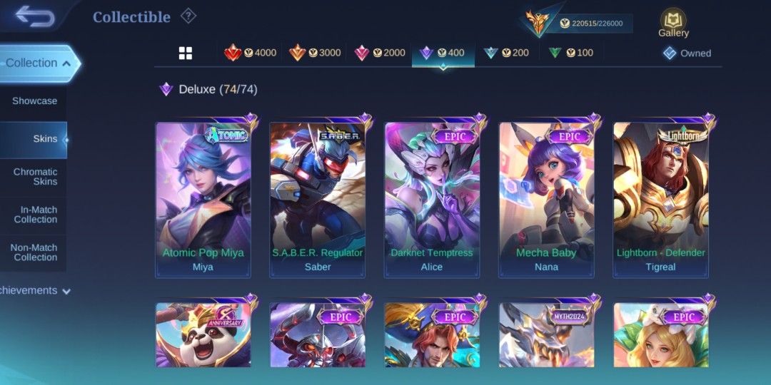 Mlbb mega collector acc (Category: Others) located in Manila. Submitted by chamoy12 (Listing ID 1461257287, Image 2). Description: 4 naruto skin 3 legend 3 prime skin 3 kof 1 street fighter 1 soul vessel 1 aspirant 1 kung fu panda 1 ducati 1 neo beast 3 collector skin.