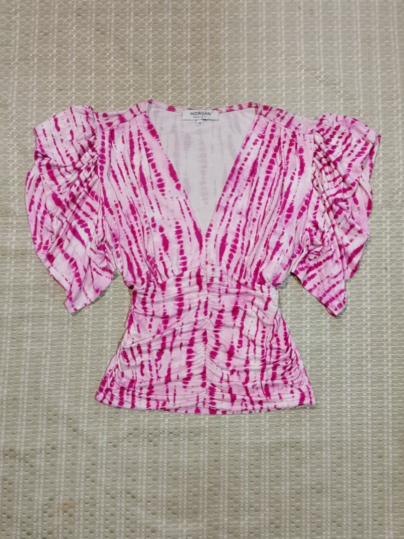 Morgan de toi top (Category: Blouses) located in Cebu City. Submitted by jny2k_thrifts (Listing ID 1461244193, Image 1). Description: pink and white tie-dye top featuring a deep V-neck and ruched detailing..